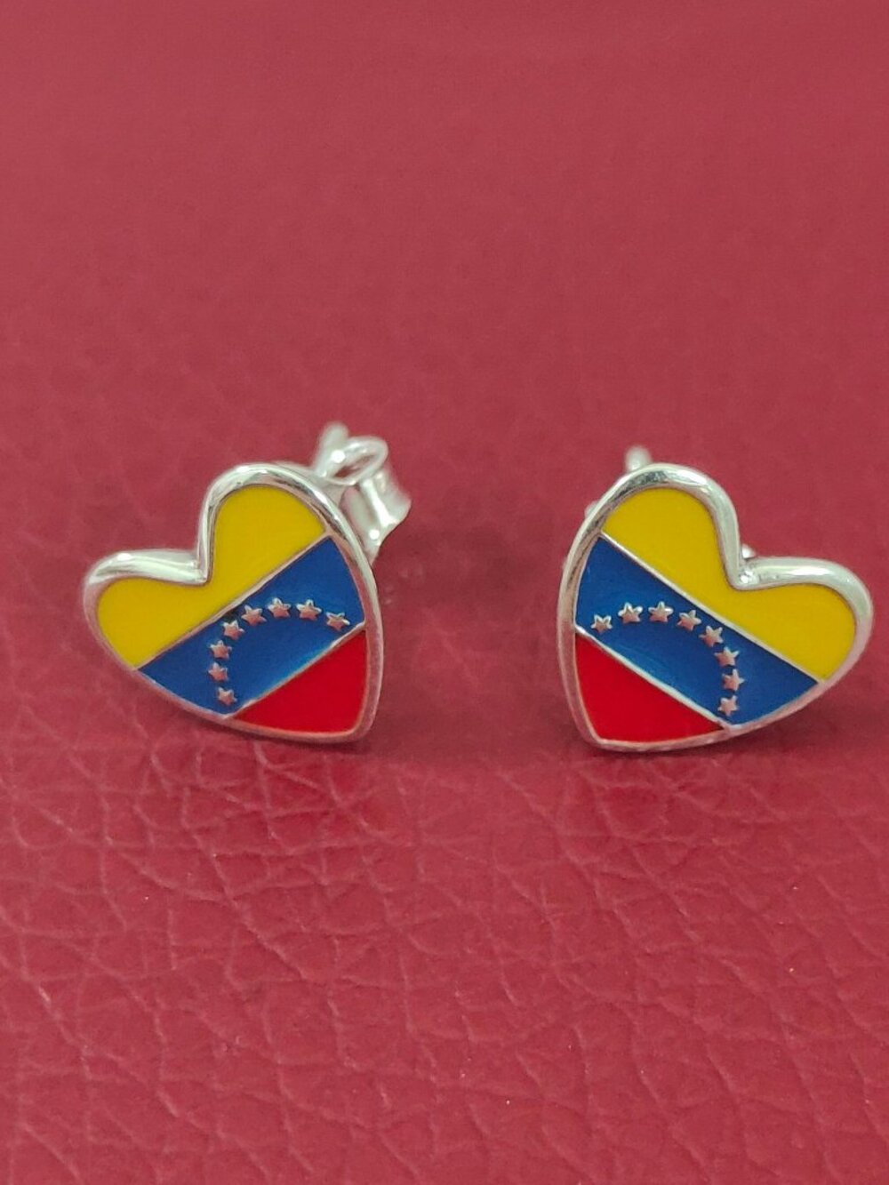 Enamel Venezuelan Flag Stud Earrings Heart-shaped Women Jewelry S925 Silver